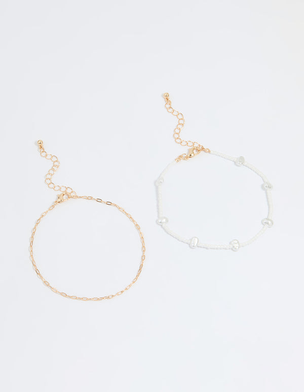 Gold Pearl Layered Chain Anklet