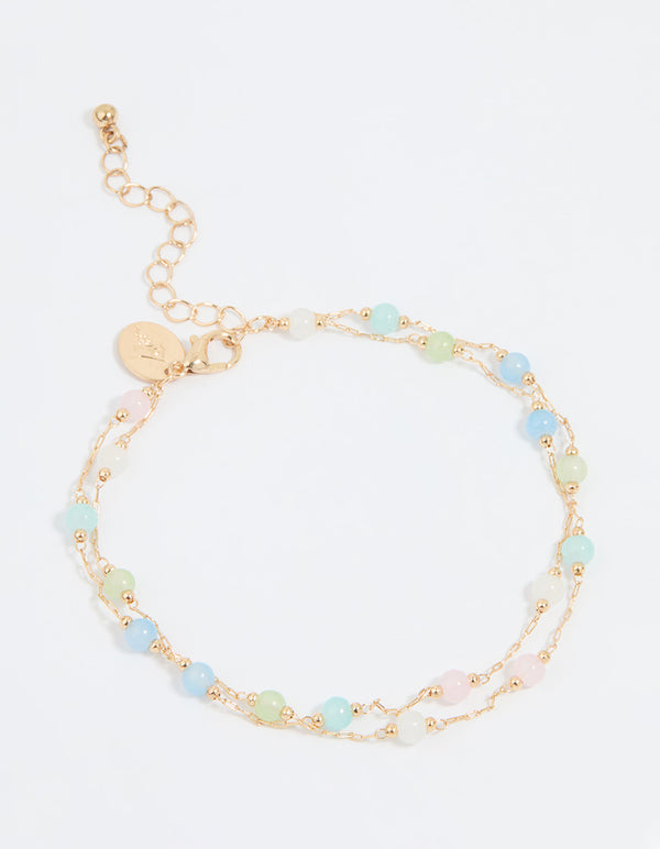 Gold Pastel Green & Blue Gem Layered Anklet