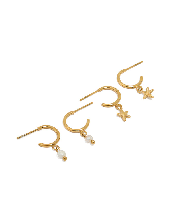 Waterproof Gold Plated Stainless Steel Pearl & Starfish Hoop Earrings 2-Pack