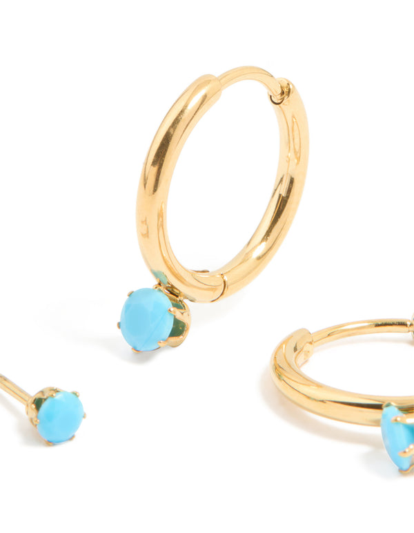 Waterproof Gold Plated Stainless Steel Turquoise Mini Earrings 2-Pack