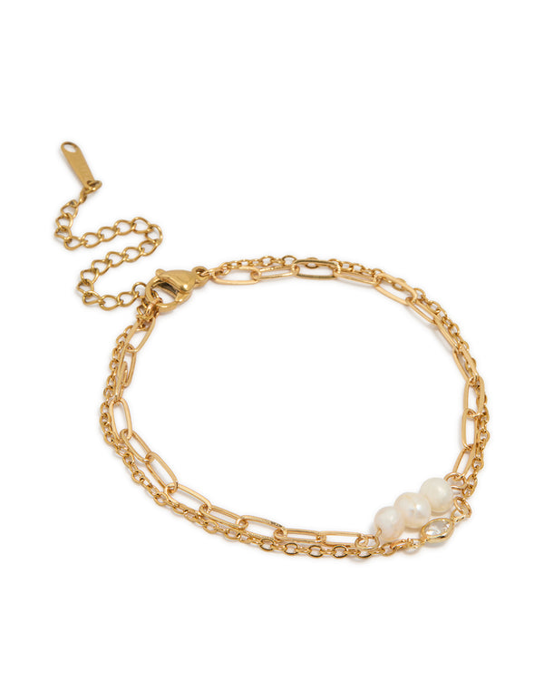 Waterproof Gold Plated Stainless Steel Pearl Fine Pin Chain Bracelet