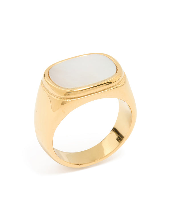 A waterproof gold plated stainless steel statement signet ring featuring square semi precious moonstone side detail view