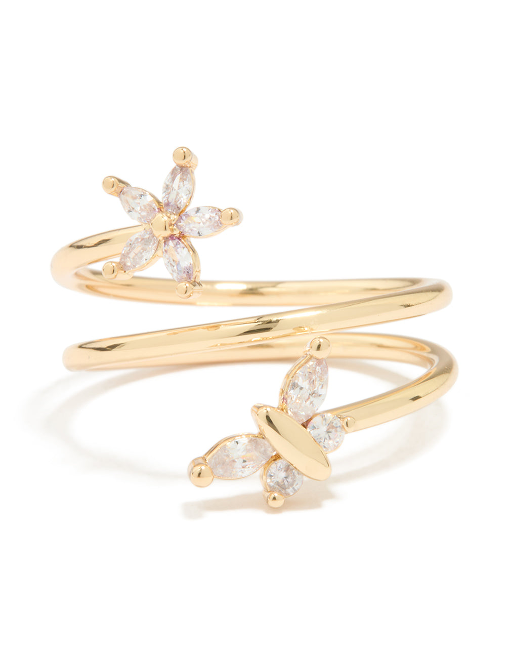 Gold Plated Cubic Zirconia Butterfly & Flower Ring