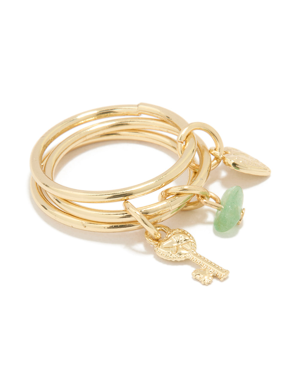 Gold Plated Green Semi Precious & Key Charm Rings 3-Pack