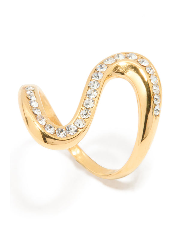 Elegant waterproof gold plated stainless steel swivel stone ring in statement style with clear accents side detail view