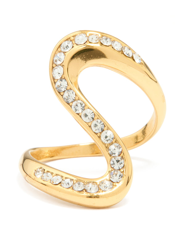 Crafted from waterproof gold plated stainless steel, this swivel stone ring features statement design and clear stones close up view