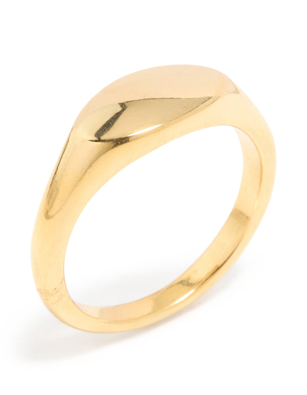 Featuring a waterproof gold plated stainless steel oval signet ring side detail view