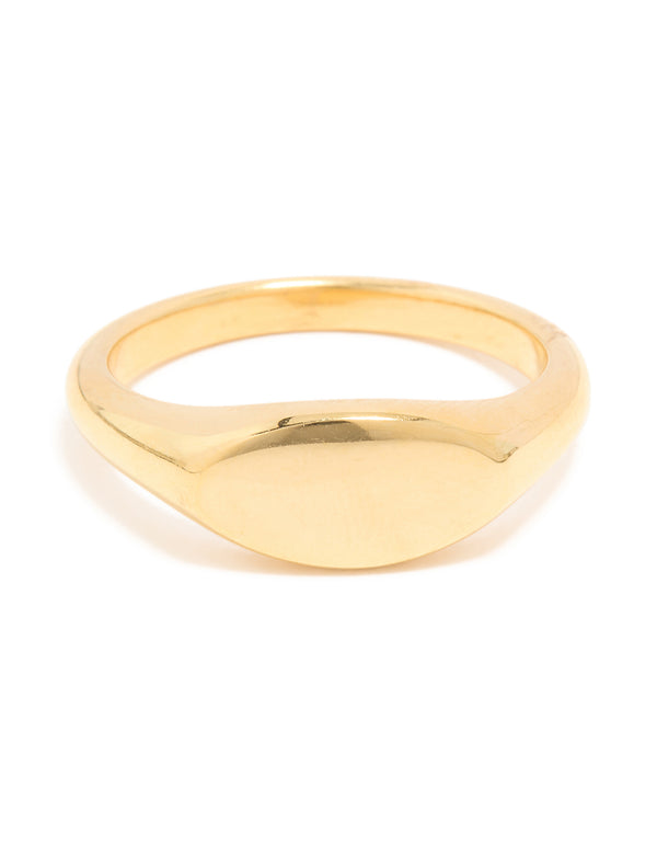Crafted from waterproof gold plated stainless steel oval signet ring close up view