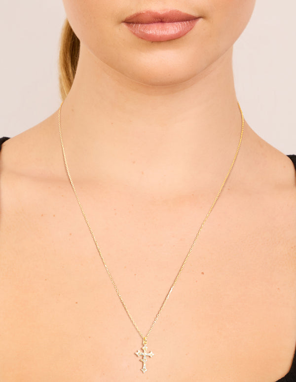 Gold Plated Sterling Silver Cubic Zirconia Cross Necklace