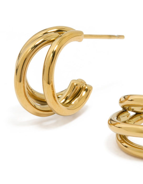 Crafted from waterproof gold plated stainless steel double row hoop earrings in close up view