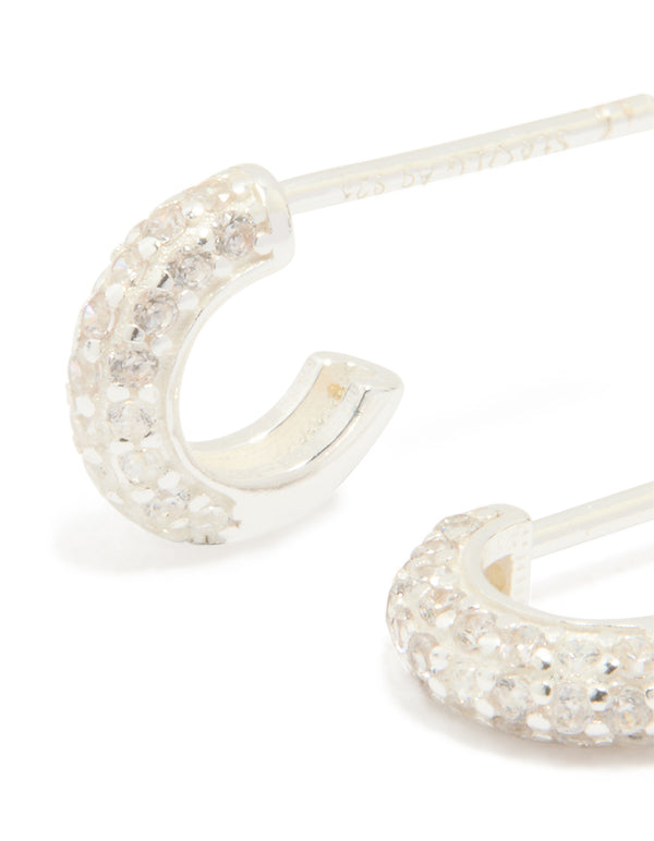 Sterling Silver Cubic Zirconia Pave C-Shaped Hoop Earrings