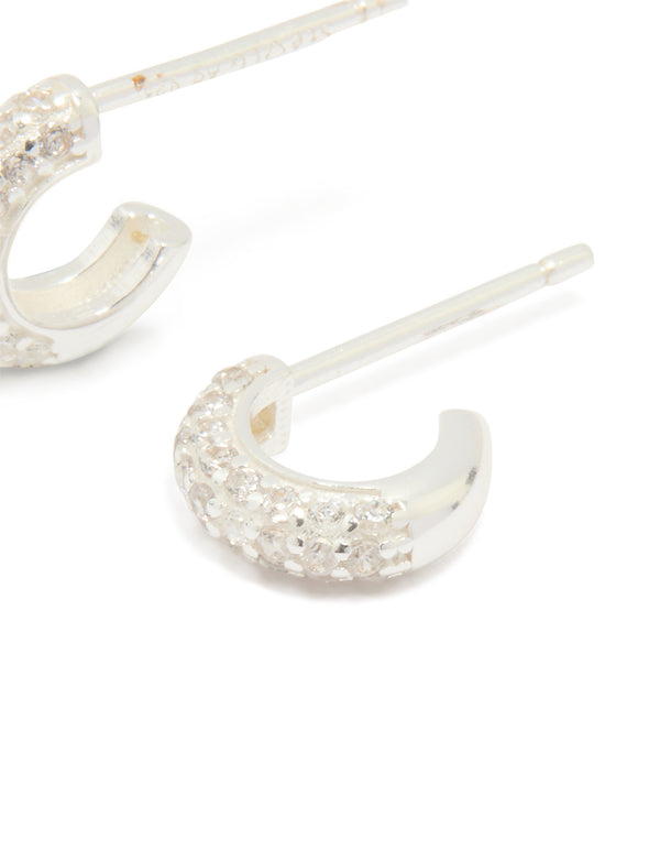 Sterling Silver Cubic Zirconia Pave C-Shaped Hoop Earrings
