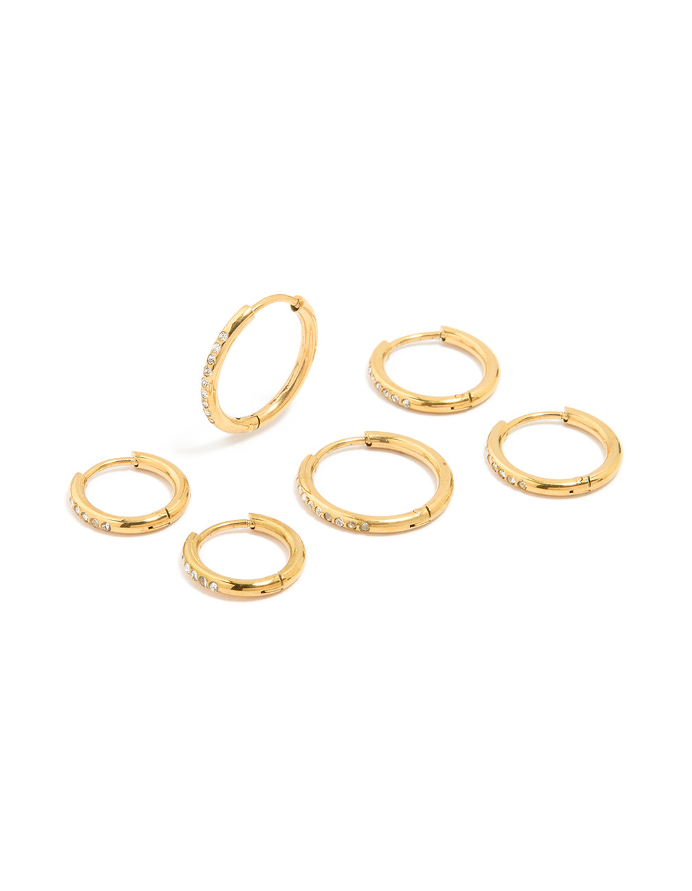 Discover waterproof clicker hoop earrings crafted from gold plated stainless steel with cubic zirconia in a 3-pack front view