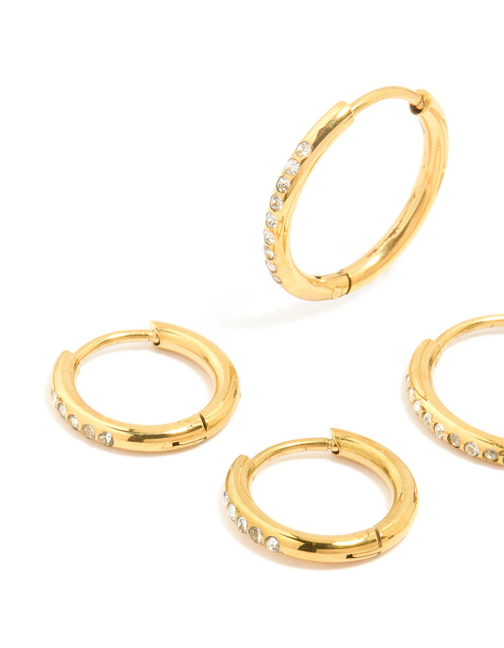 Featuring waterproof clicker hoop earrings crafted from gold plated stainless steel with cubic zirconia in a 3-pack close up view
