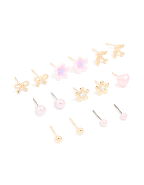 Gold Flower Bow & Heart Earrings 12-Pack