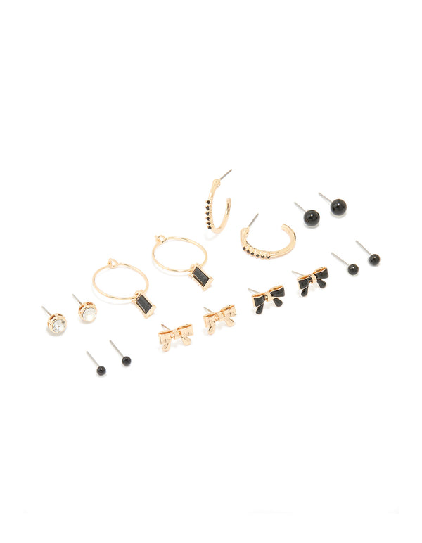 Gold Black Diamante & Bow Mixed Hoop Earrings 8-Pack