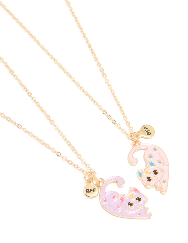 Kids Gold Pink & Purple Cat Best Friends Necklaces 2-Pack