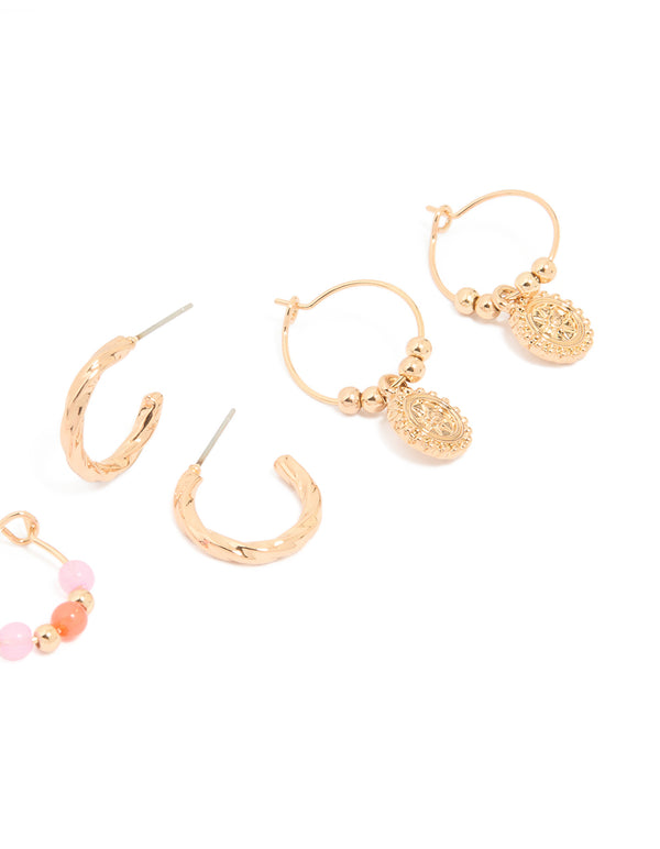 Gold Beaded Disc Hoop Earrings 3-Pack