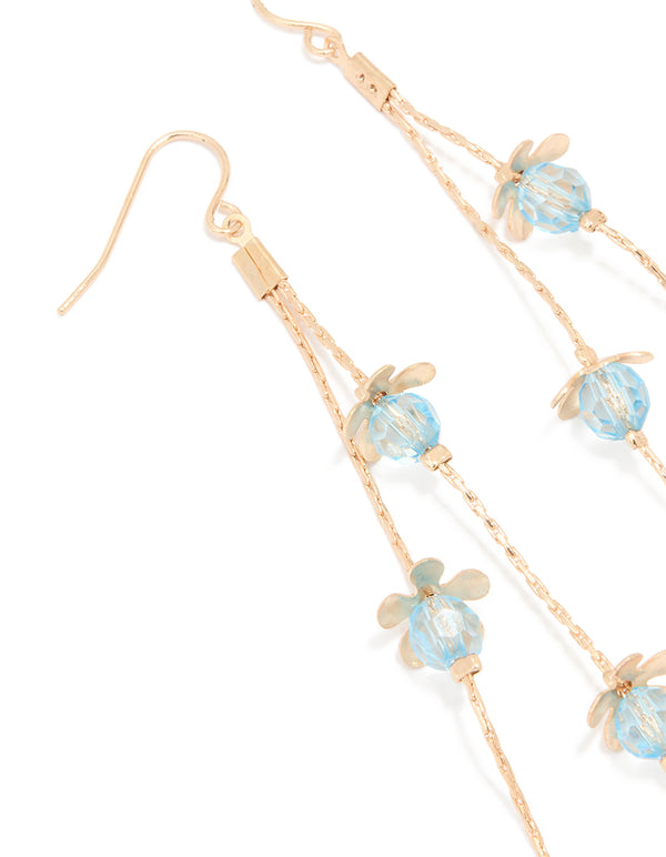 Gold Blue Beaded Flower Chain Drop Earrings