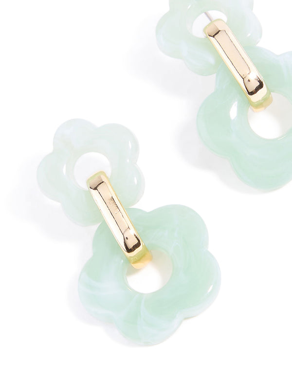 Gold Green Double Acrylic Flower Drop Earrings