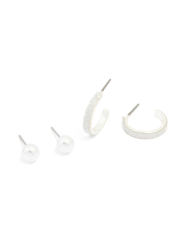 Silver Pearl Studs & Glitter Hoop Earrings 2-Pack