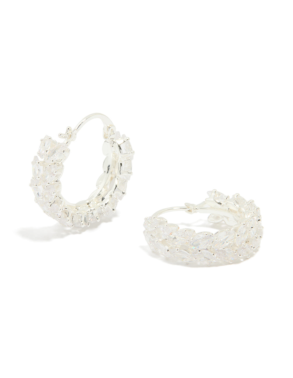 Silver Plated Cubic Zirconia Marquise Herringbone Hoop Earrings