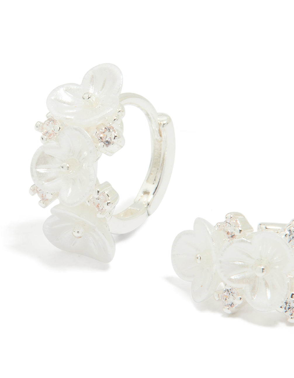 Silver Plated Pearlised Cubic Zirconia Flower Hoop Earrings