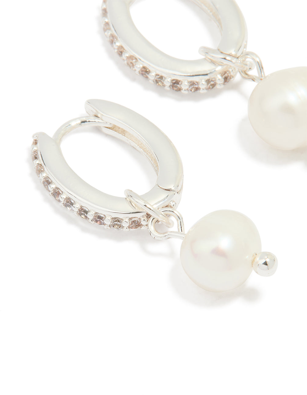 Silver Plated Pearl Cubic Zirconia Pave Drop Hoop Earrings