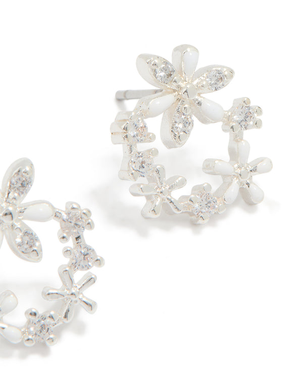 Silver Plated Cubic Zirconia Flower Wreath Stud Earrings