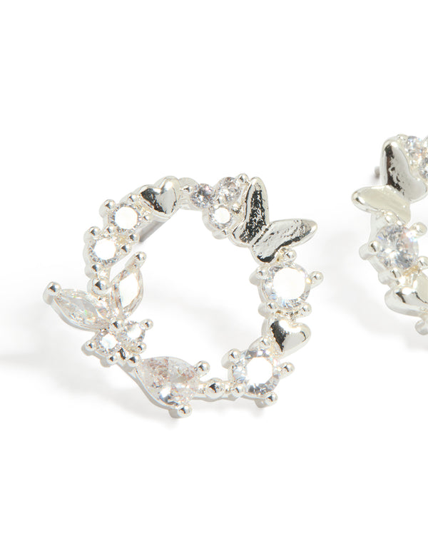 Silver Plated Cubic Zirconia Butterfly Wreath Earrings