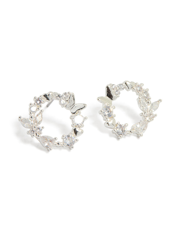 Silver Plated Cubic Zirconia Butterfly Wreath Earrings