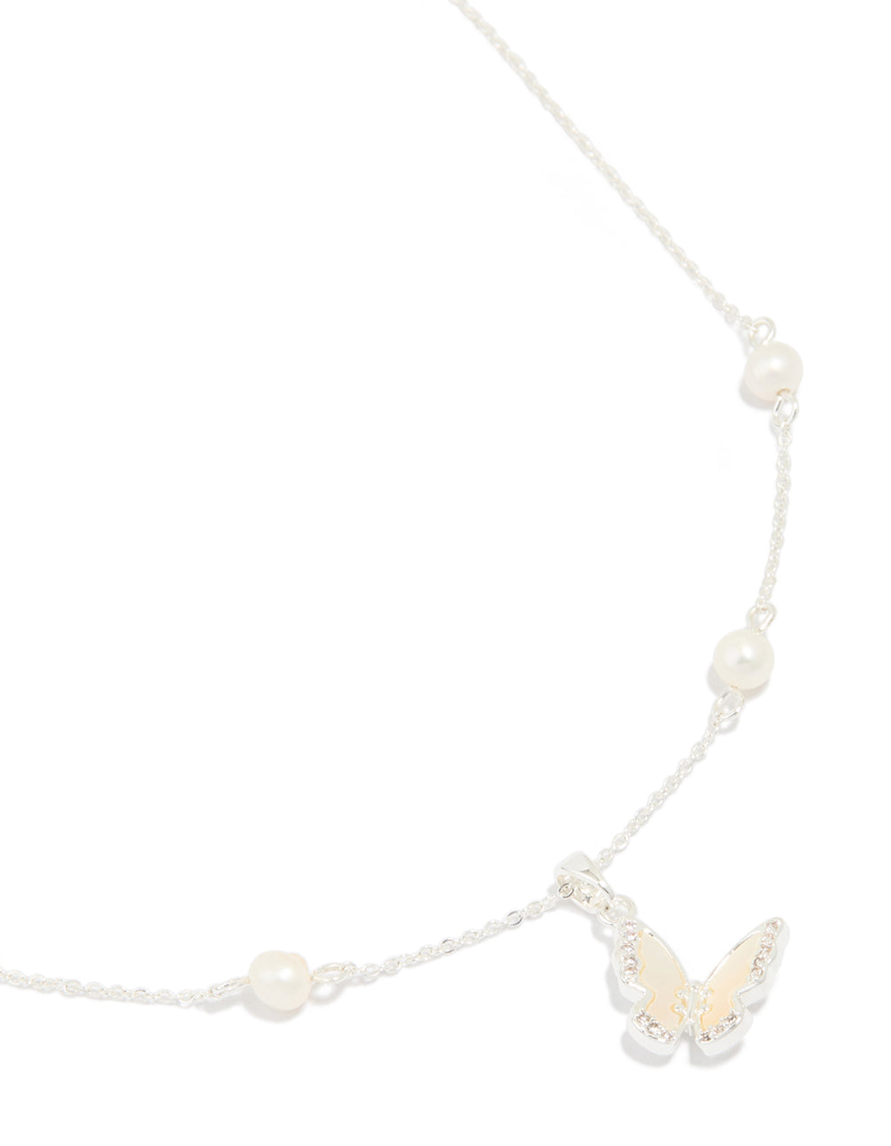 Silver Plated Cubic Zirconia Pearl Butterfly Necklace