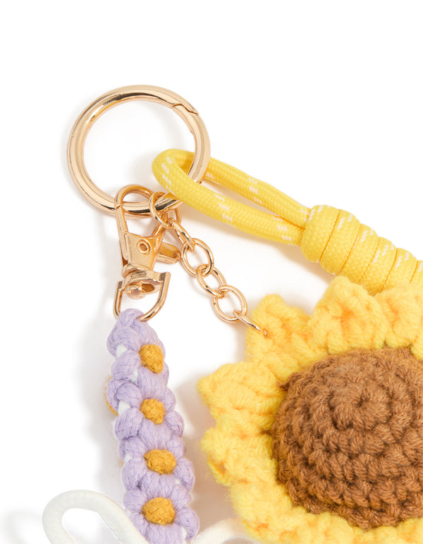 Crocheted Sunflower & Purple Flowers Key Chain