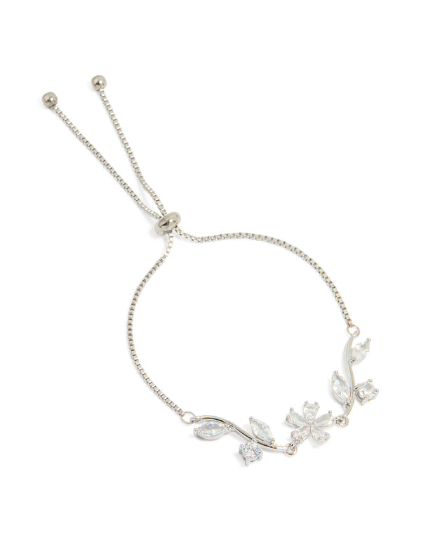 Silver Cubic Zirconia Flower & Leaf Toggle Bracelet