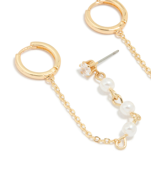 Gold Plated Pearl Chain Huggie Earrings