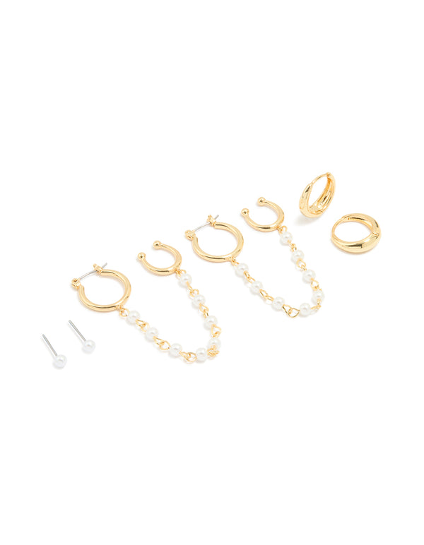 Gold Plated Pearl Chain & Huggie Earrings 3-Pack