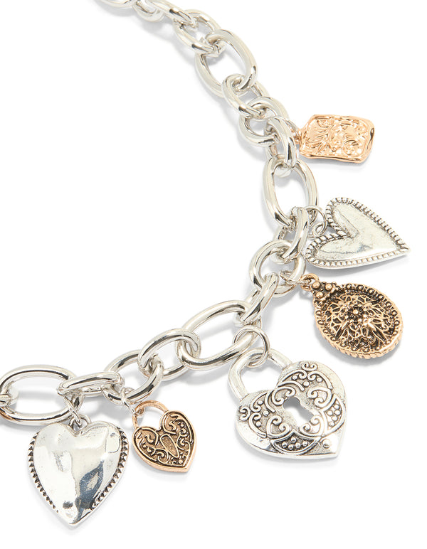 Mixed Metal Thick Chain Heart & Lock Charm Necklace