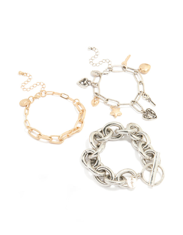 Mixed Metal Chain & Charm Bracelets 3-Pack