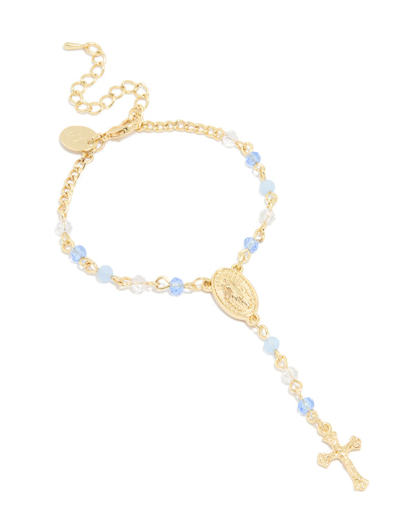 Gold Plated Blue Beaded Cross Bracelet