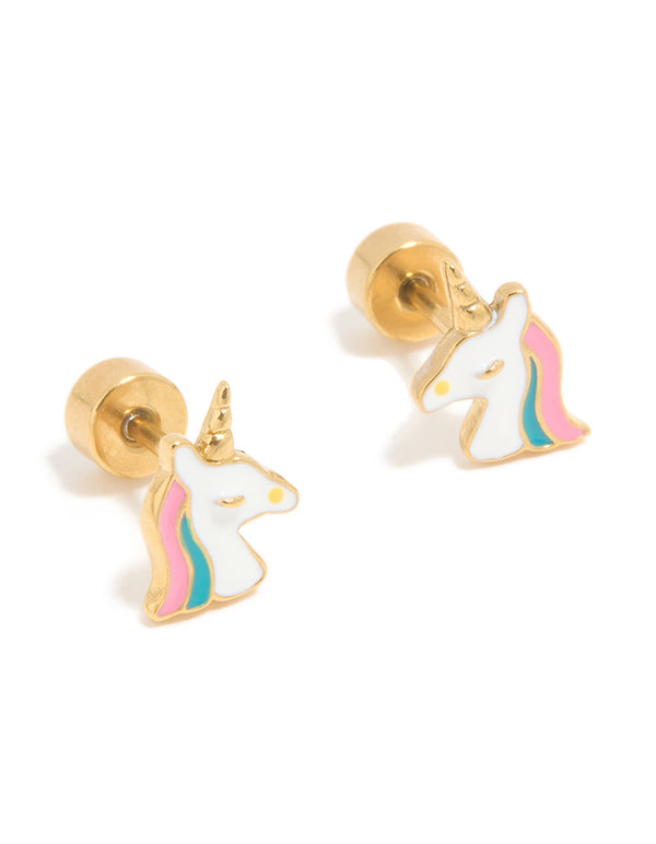 Kids Gold Plated Surgical Steel Unicorn Flat Back Earrings