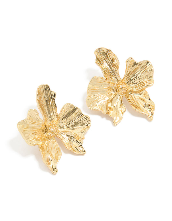 Gold Plated Organic Textured Flower Stud Earrings