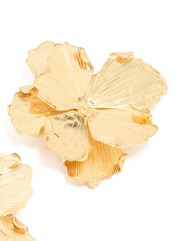 Gold Plated Large Organic Petal Flower Earrings