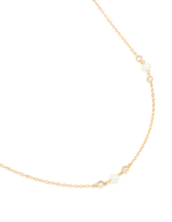 Gold Plated Cubic Zirconia & Freshwater Pearl Dainty Station Necklace