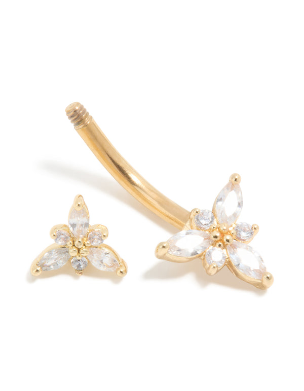 Gold Plated Titanium Diamante Double Dainty Flower Belly Bar