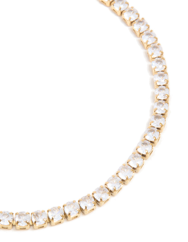 Featuring a waterproof gold plated stainless steel cubic zirconia tennis bracelet close up view