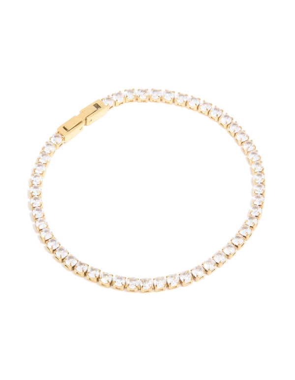 Showcasing a waterproof gold plated stainless steel cubic zirconia tennis bracelet front view