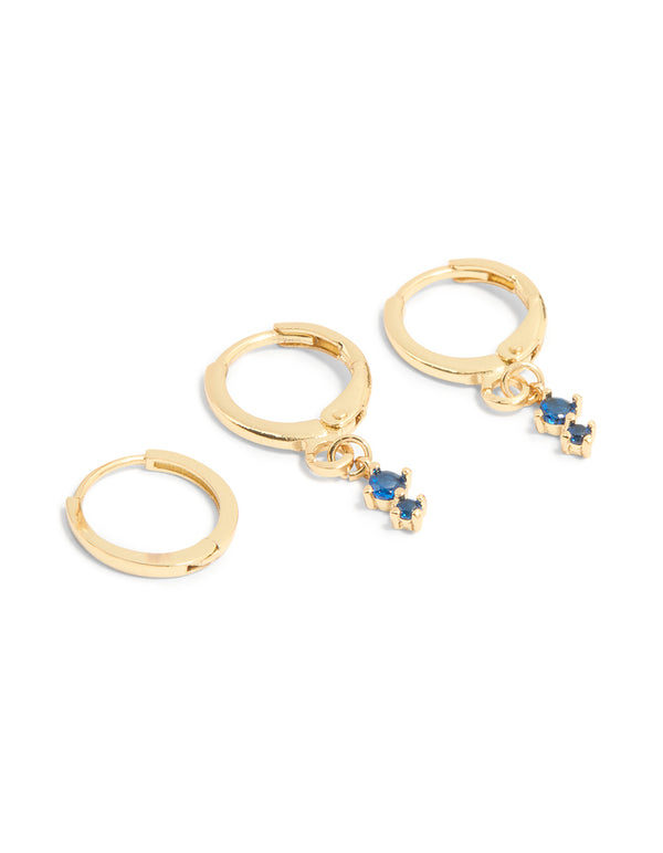 Gold Plated Dainty Blue Cubic Zirconia Hoop Earrings 3-Pack