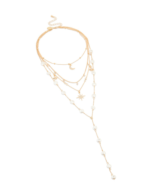 Gold Celestial Pearl Layered Y-Necklace