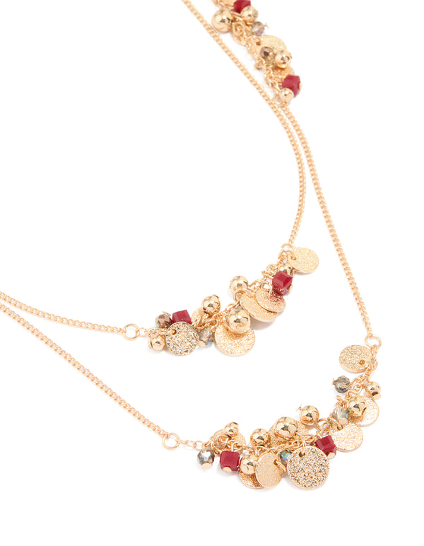 Gold Red Beaded & Coin Layered Necklace