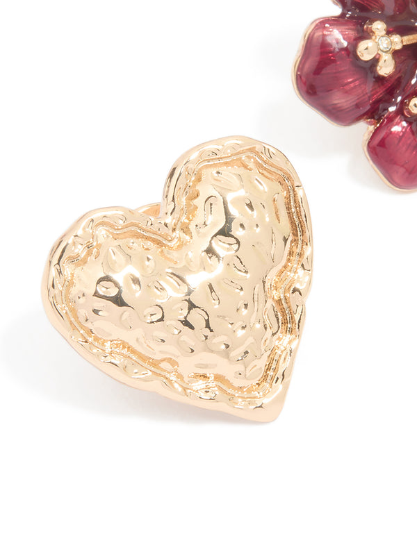 Gold Textured Heart & Flower Brooches 3-Pack